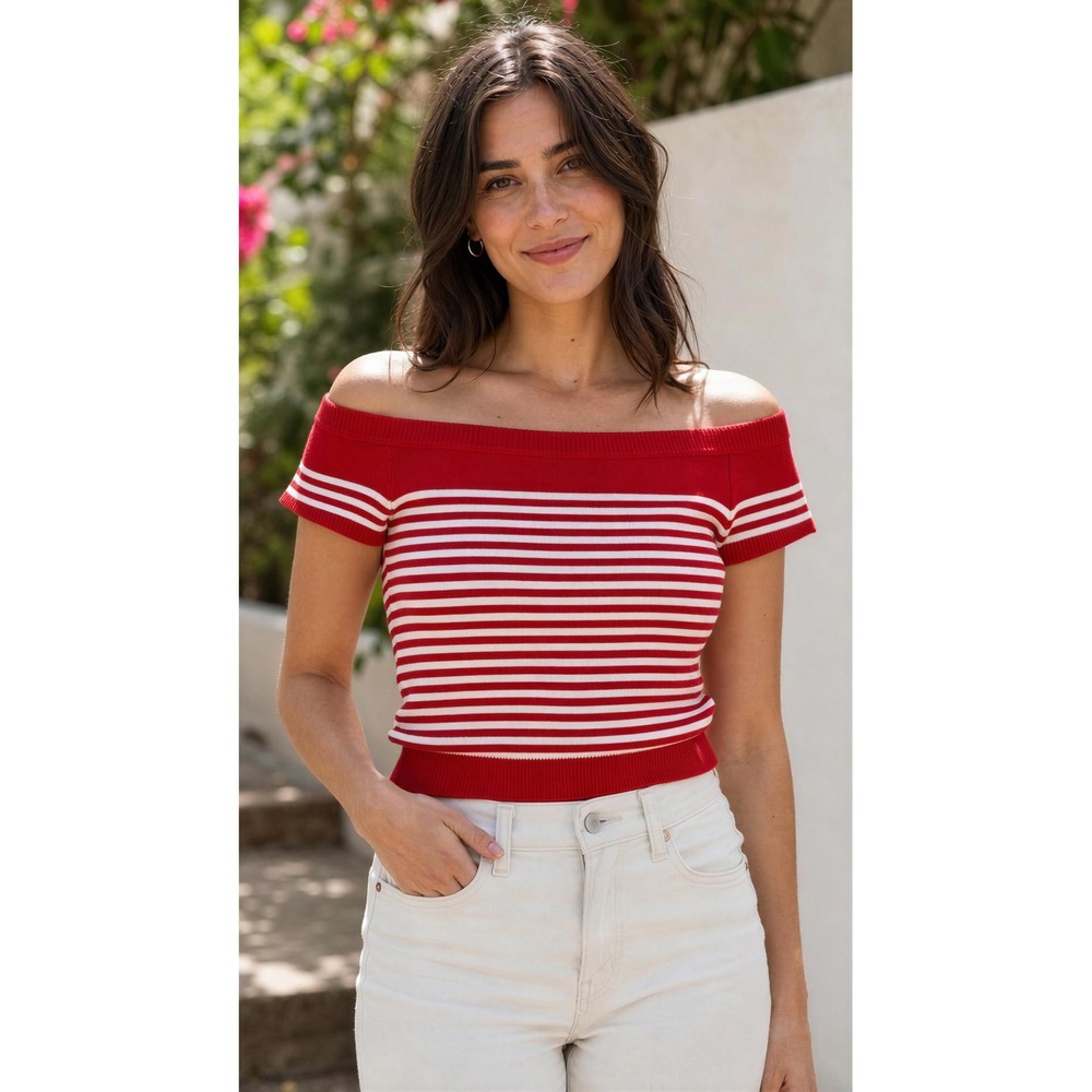 Tommy Hilfiger Womens Red White Striped On Shoulder Knit Sweater Top Large NEW